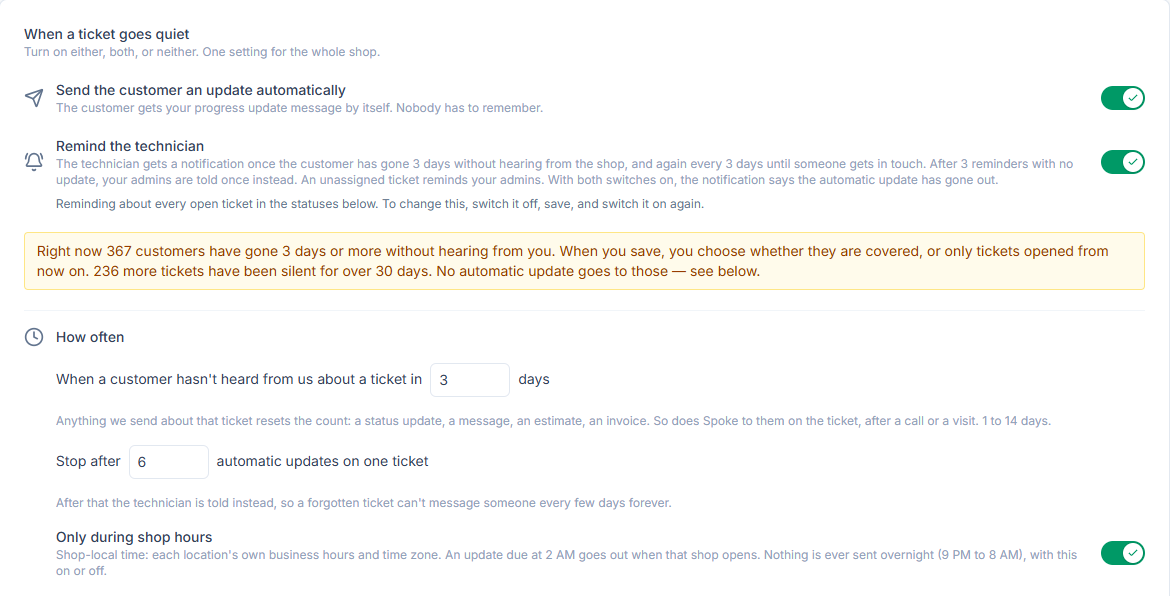 Settings → Tickets → Customer updates: Send the customer an update automatically and Remind the technician both switched on, a line counting the customers who have gone 3 days without hearing from the shop, then How often: after 3 days, stop after 6 updates on one ticket, and only during shop hours.