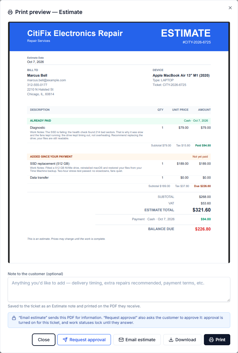 Print preview — Estimate: a diagnostic under Already paid with its work note, an SSD replacement and a data transfer under Added since your payment, each section with its subtotal and tax, the estimate total, the cash payment and the balance due. Below the PDF, a note to the customer and the Request approval, Email estimate, Download and Print buttons.